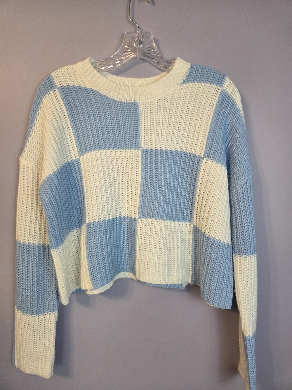 moon & madison Sweater Sky Blue White Checkerboard Cropped Y2K Womens XS *flaw